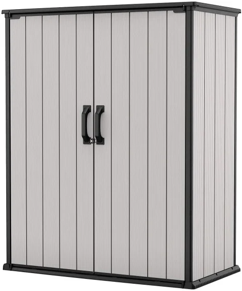 Keter Premier Tall Vertical Resin Outdoor Storage Shed With Floor And Locking Double Doors - Grey